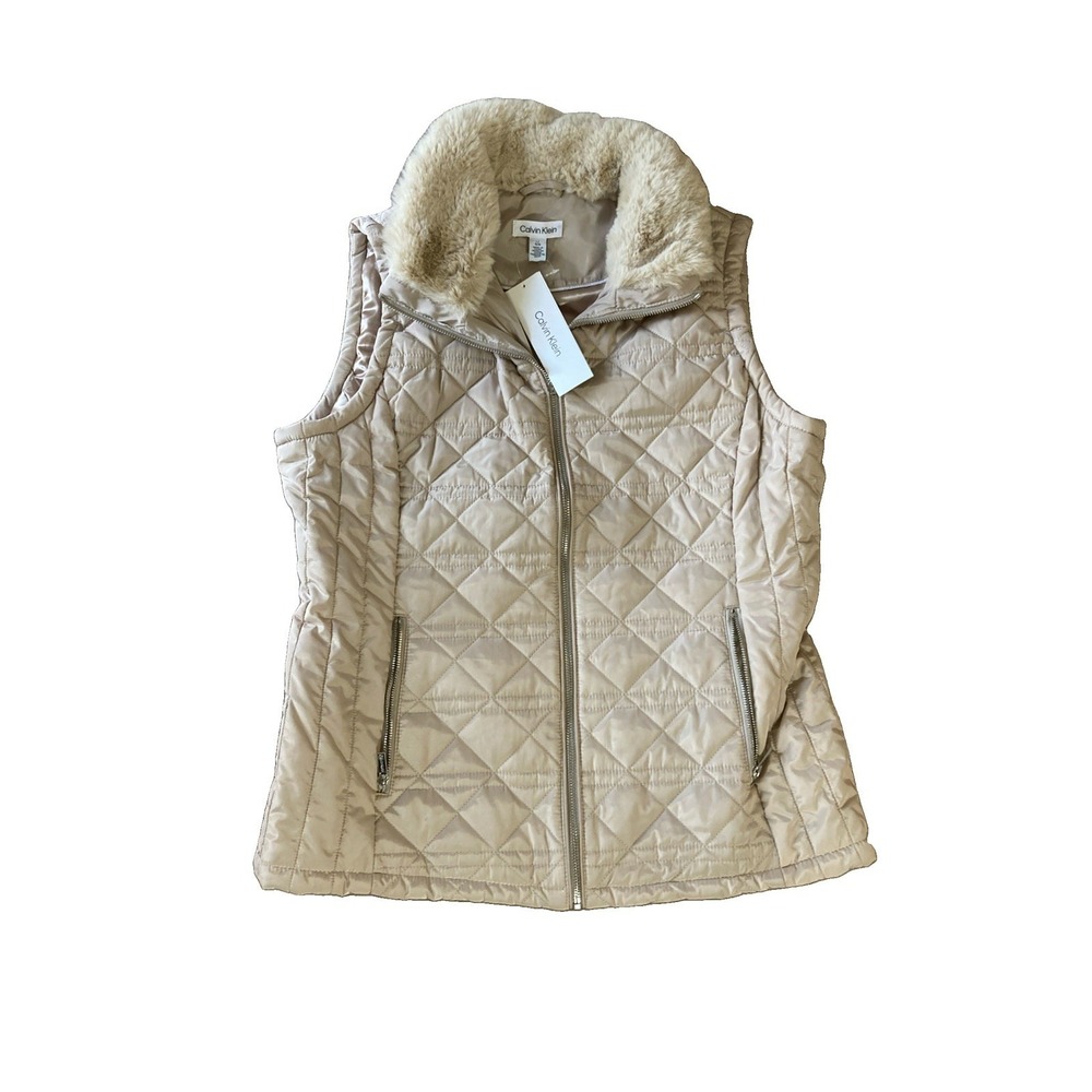 Calvin Klein Puffer Vest Sz L NWT Tan Beige Faux‎ Fur Lined Quilted